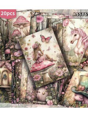Paper Crafts Watercolor Pink Magic Forest Fairies Unicorns Mushroom Scrapbooking